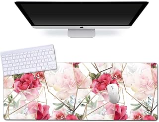 Extended Gaming Mouse Pad (31.5x11.8 in), Large Non-Slip Rubber Base Mousepad,Waterproof Keyboard Mouse Mat Desk Pad for Work, Game, Office, Home - Floral Rose Flowers Golden Geometric