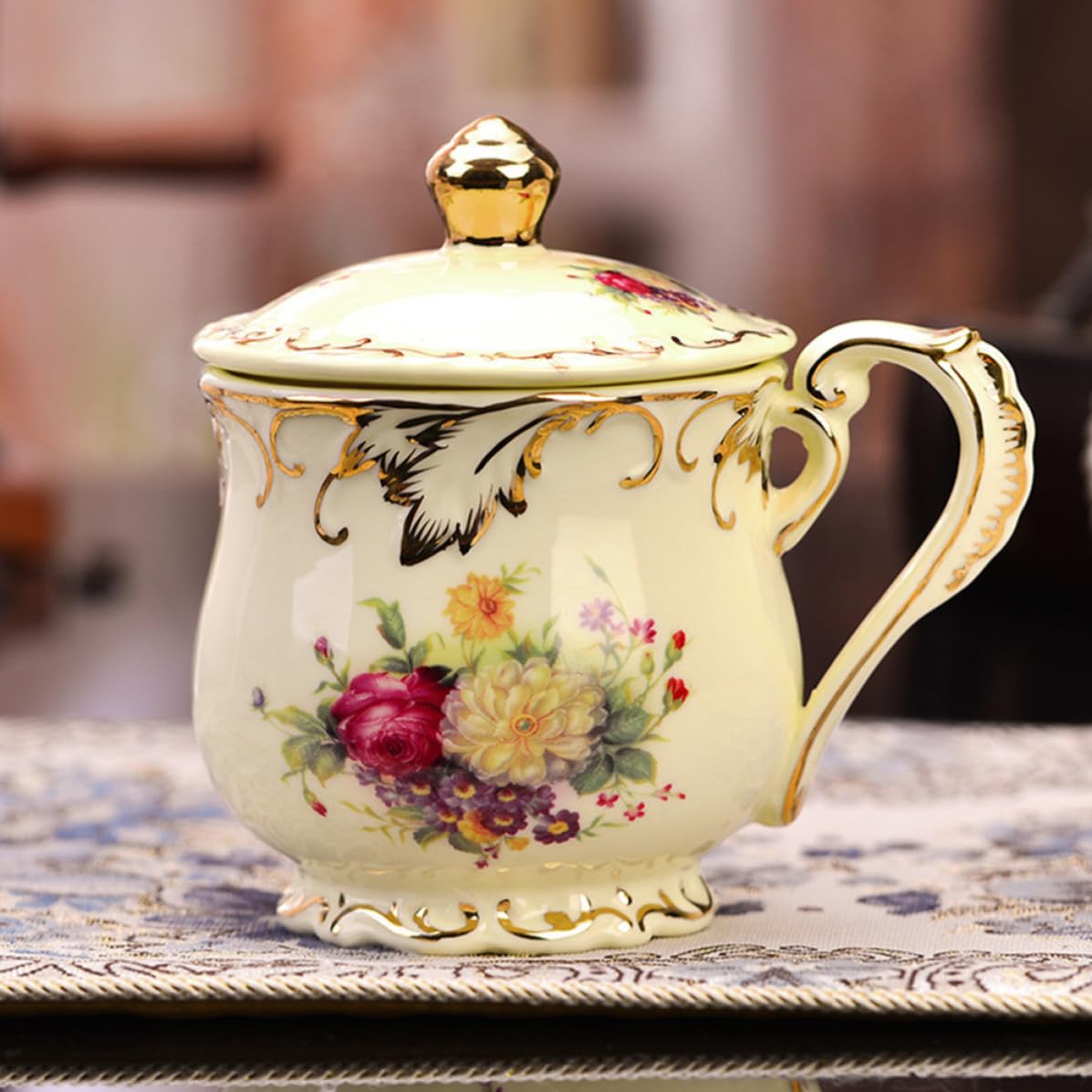 Taza de Té de Cerámica Estilo Europeo con Tapa para Oficina