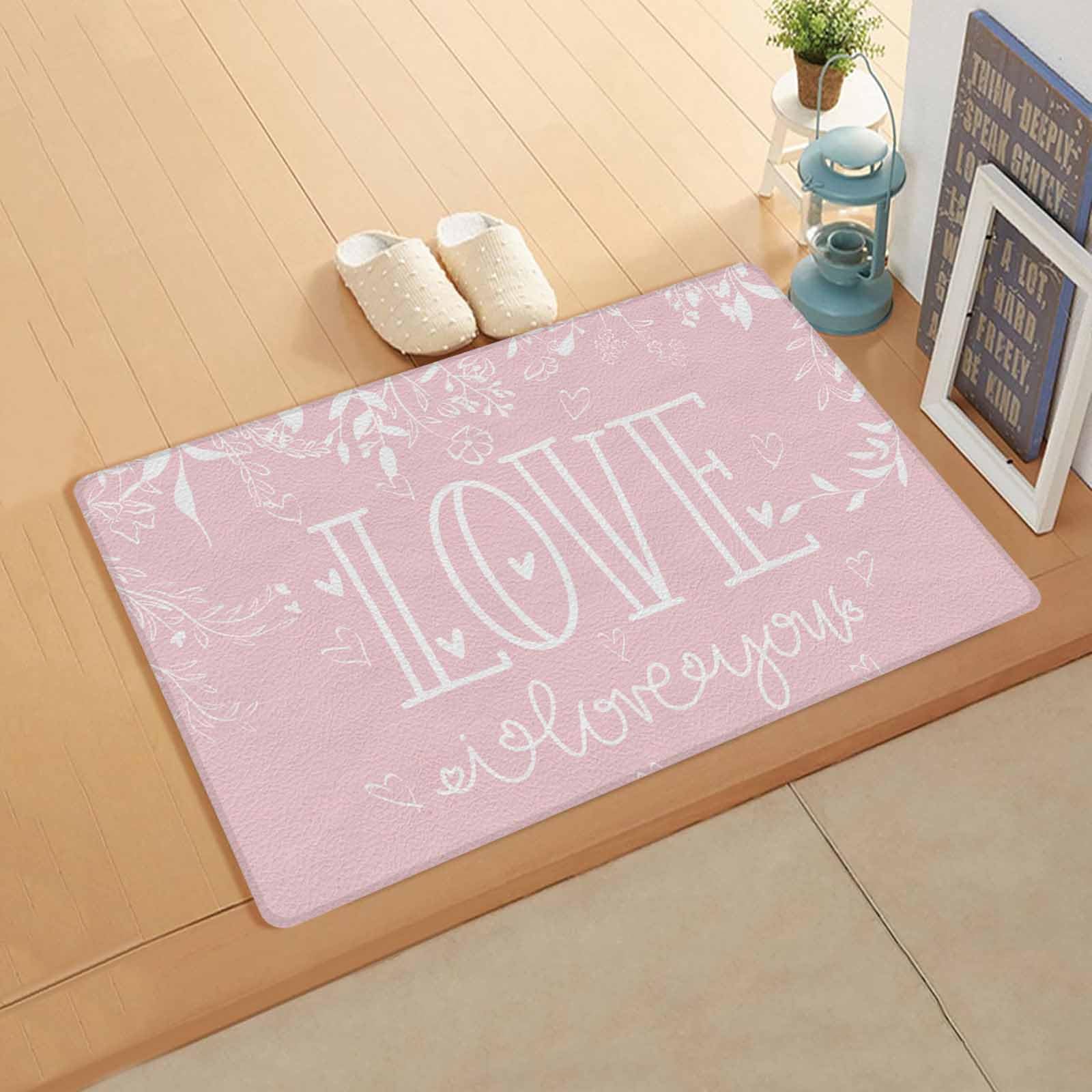 Valentine's Kitchen Bath Door Mat Cushioned Runner Rug,Washable Welcome Floor Sink Antifatigue Mat,Waterproof & Non-Slip Comfort Standing Doormat,Spring Flower Leaves Pink Love Heart 18