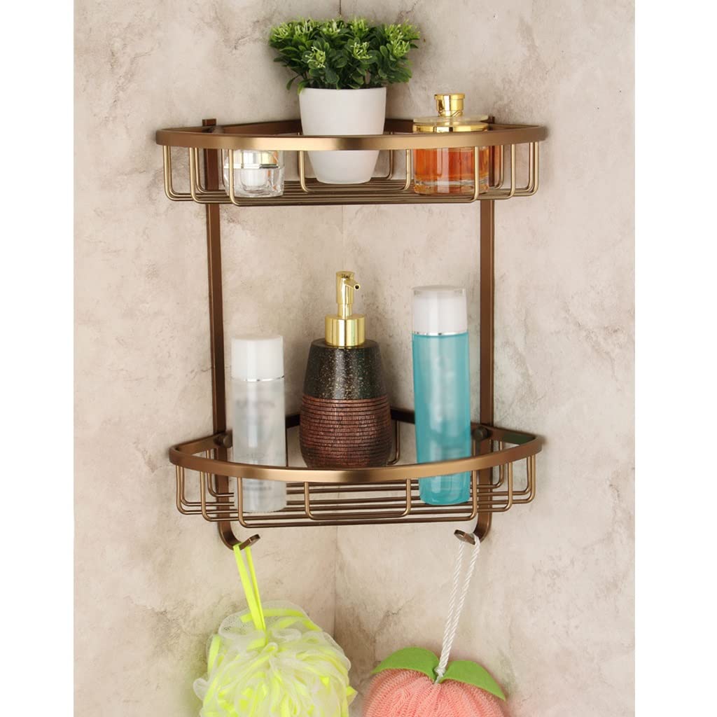 Mensola angolare da bagno con gancio a doppio strato in alluminio bronzo anticato triangolo drenante per shampoo gel doccia portaoggetti da appendere alla parete mensole da cucina.