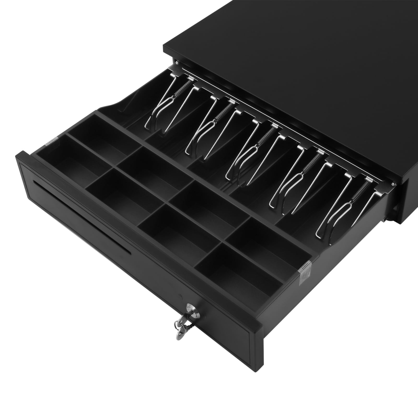 Cassetto per cassa leggero con 5 scomparti per banconote e 8 scomparti estraibili per monete e chiave, apertura nero, con cavo Rj11 per negozi