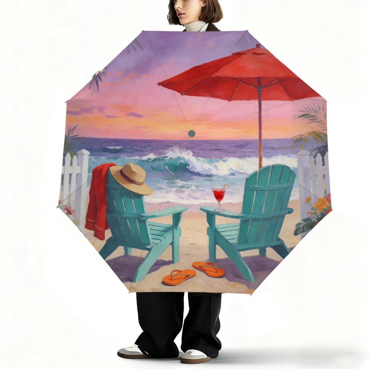 Ombrello pieghevole con pittura a olio e tramonto da spiaggia, ombrello da viaggio, compatto, antivento, impermeabile, con protezione UV, rivestimento nero, leggero, 8 costine, portatile, per