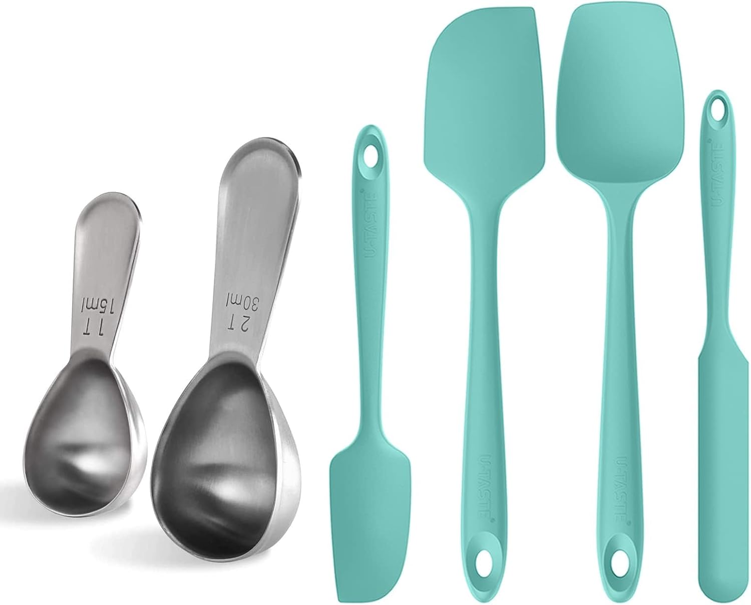 U-Taste sturdy 18/8 Stainless Steel Measuring Coffee Scoop Coffee Bean Spoon Set of 2, and Upgraded 600ºF High Resistant Flexible and Sturdy Silicone Spatula Set of 4 (Aqua Sky)