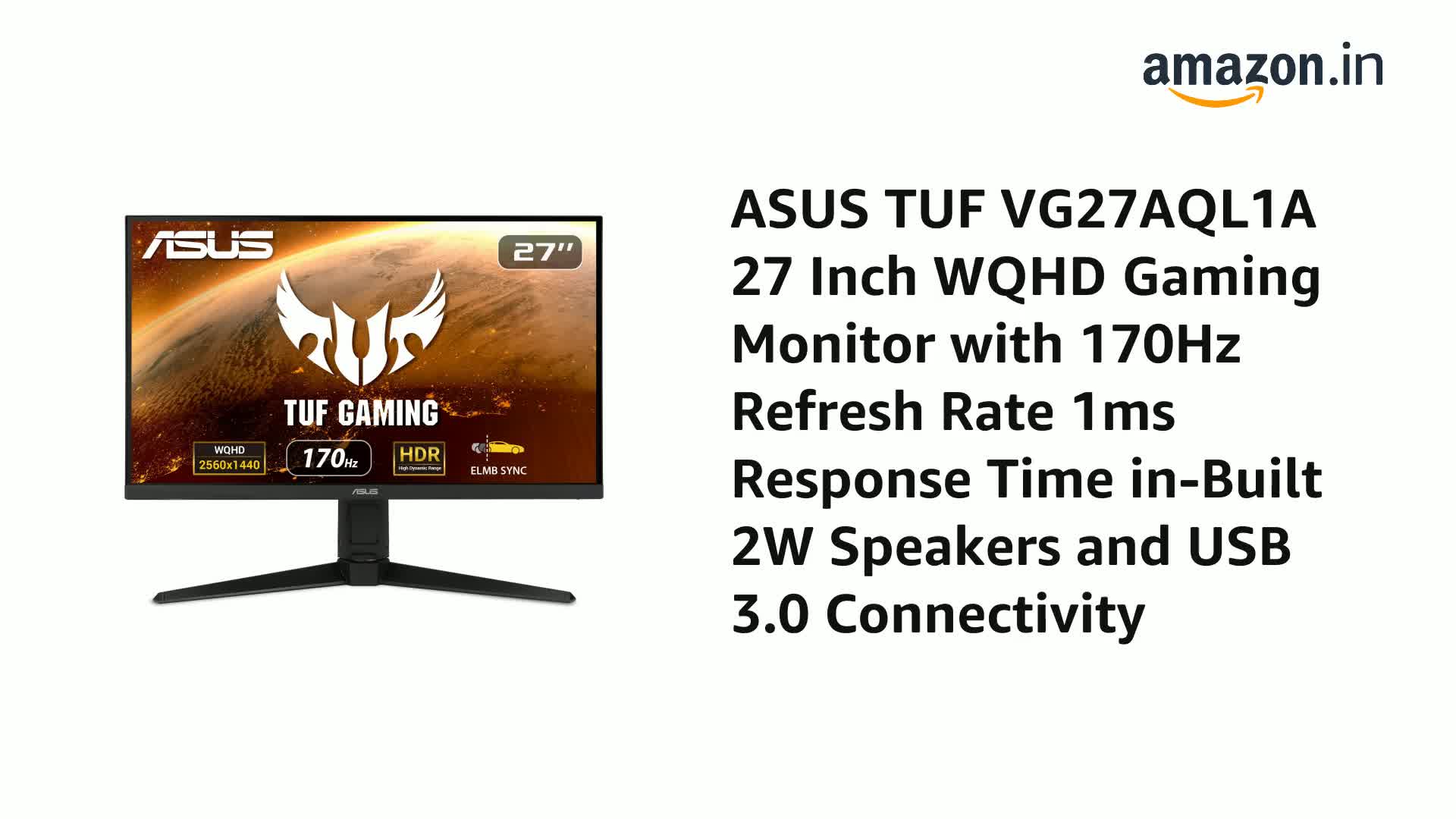 ASUS ゲーミングモニター TUF Gaming VG27AQL1A 27 ASUS Tuf Vg27Aql1A 27 Inch (68.5 Cm) 2560 X 1440 Pixels