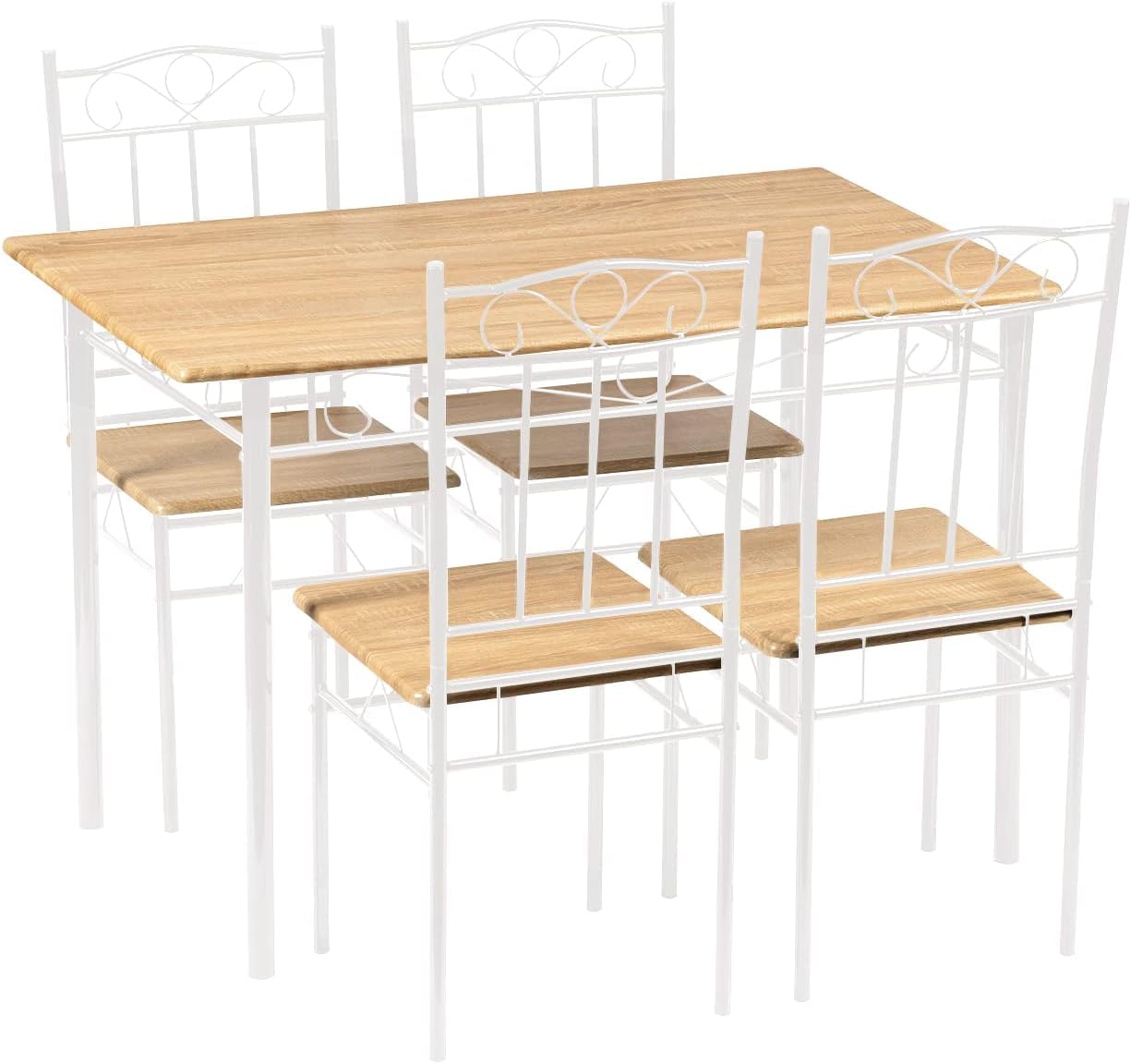 H.J WeDoo Set Tavolo e 4 Sedie da Pranzo, 5 Pezzi, per 4 Persone, Tavolo Rettangolare da Cucina, 4 Sedie con Schienali，Per Bar, Cucina, Soggiorno,109 cm,Faggio e bianco