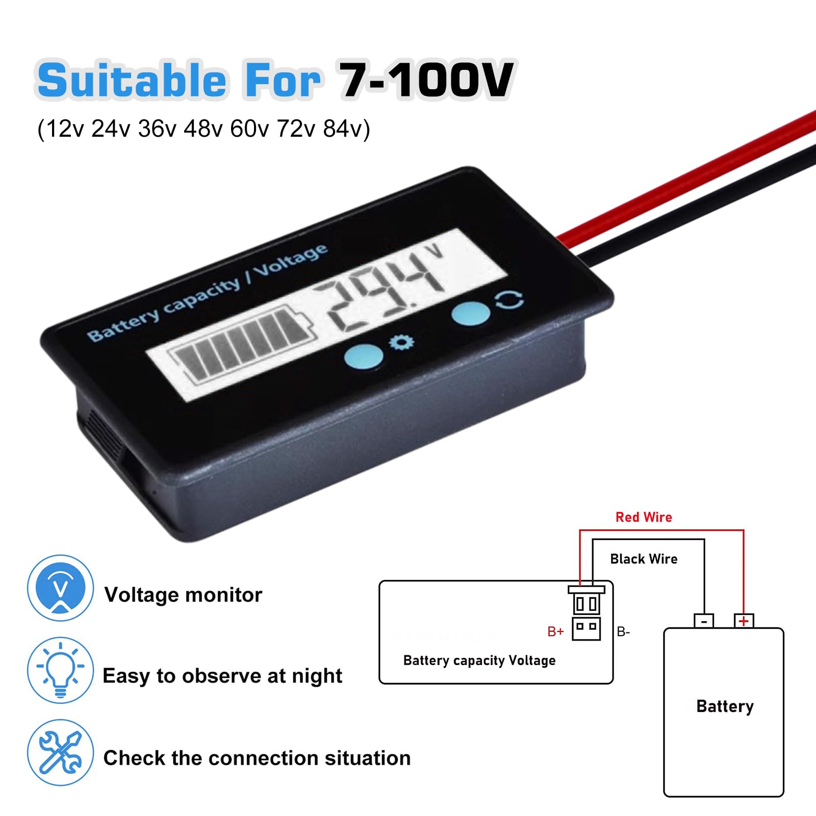 Digitales LCD Voltmeter Für 12V Bis 72V – Misst Batteriespannung, Kompakt Und Einfach Abzulesen