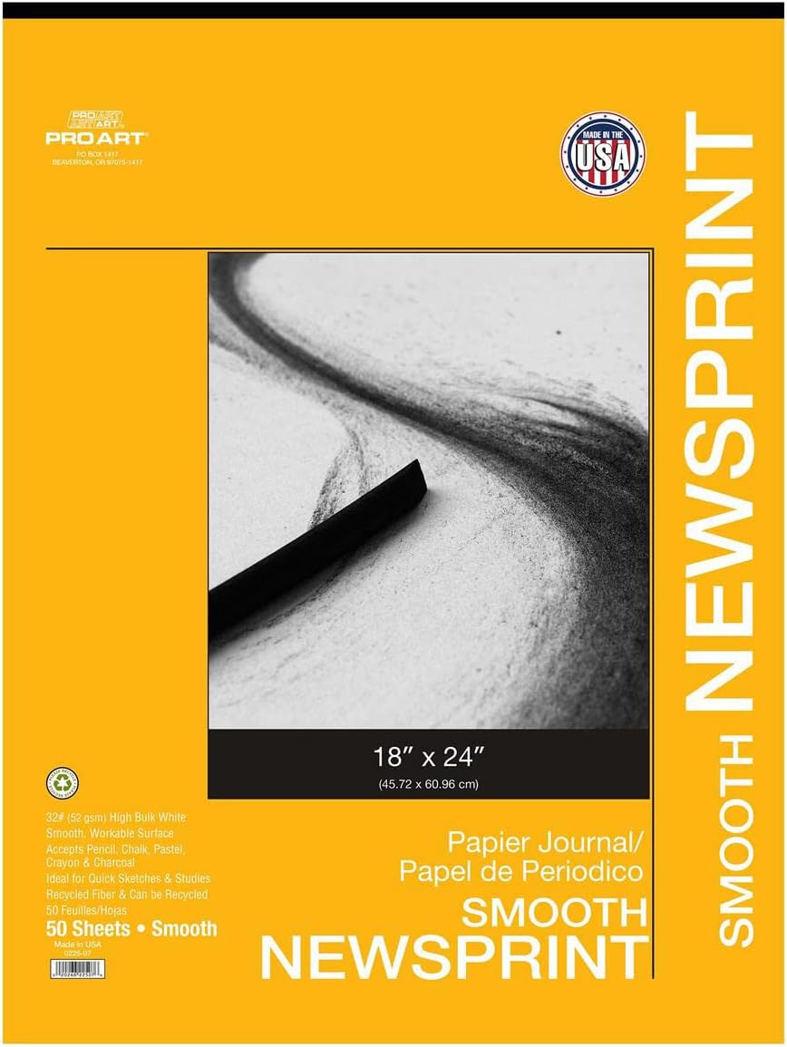 PRO ART Newsprint Paper, Natural, 18-inch x 24-inch, 50 Sheet Tape Bound Pad