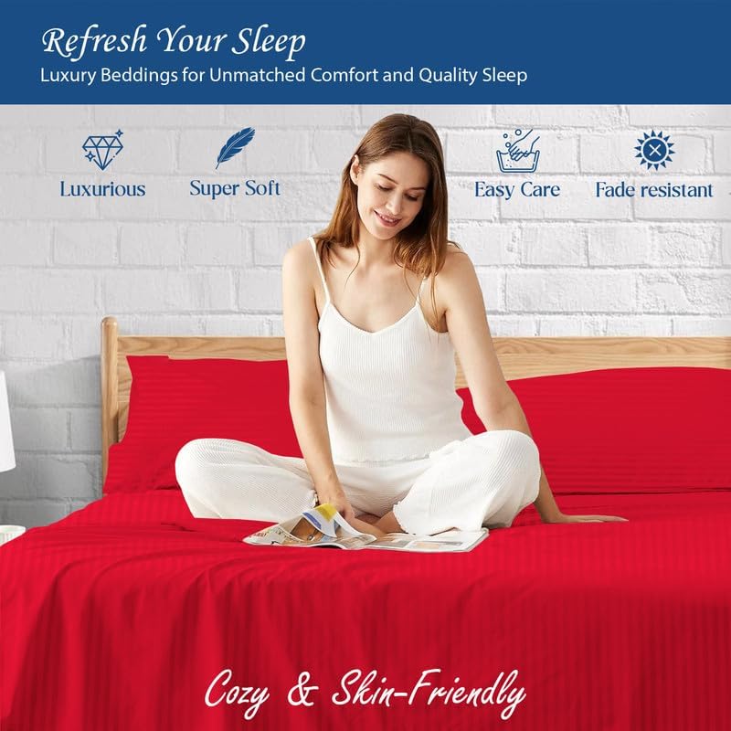 1100-Thread-Count 100% Egyptian Cotton Sheets, Luxrious 4-PCs Sheet Set Stripe Pattern, Soft and Silky, Fits Mattress Upto 18-21'' Deep Pocket (RV-28 X 75, Red)