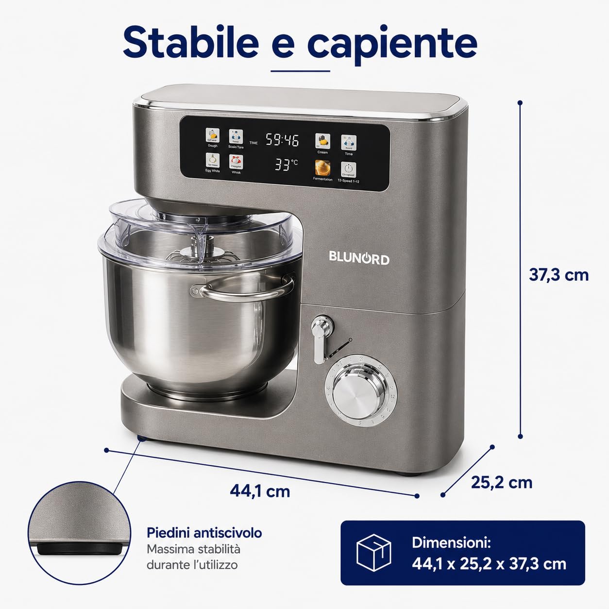Planetaria 8 Litri BLUP4975 DELUXE, Impastatrice Planetaria 2100W con Bilancia Integrata, Display Touch a Colori, 12 Velocita, Fermentazione 25-45 C, Ciotola Inox e 3 Accessori