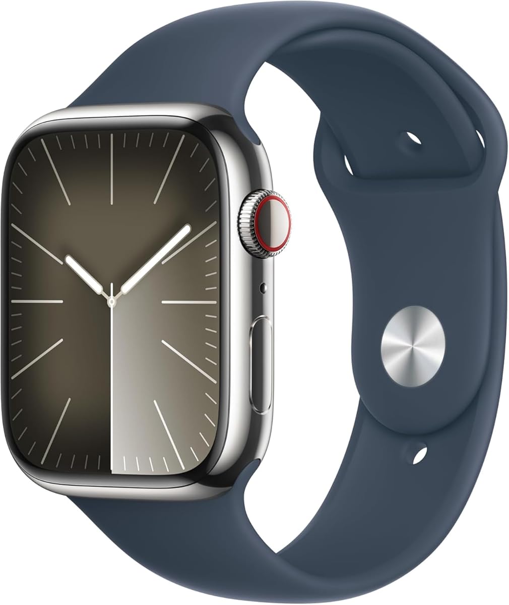 Apple Watch Series 9 [GPS + Cellular, 45mm] - Silver Stainless Steel Case with Storm Blue Sport Band, M/L (Renewed)