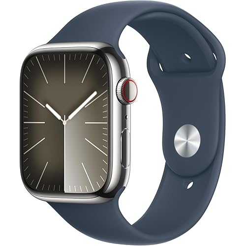 Apple Watch Series 9 [GPS + Cellular, 45mm] - Silver Stainless Steel Case with Storm Blue Sport Band, M/L (Renewed Premium)