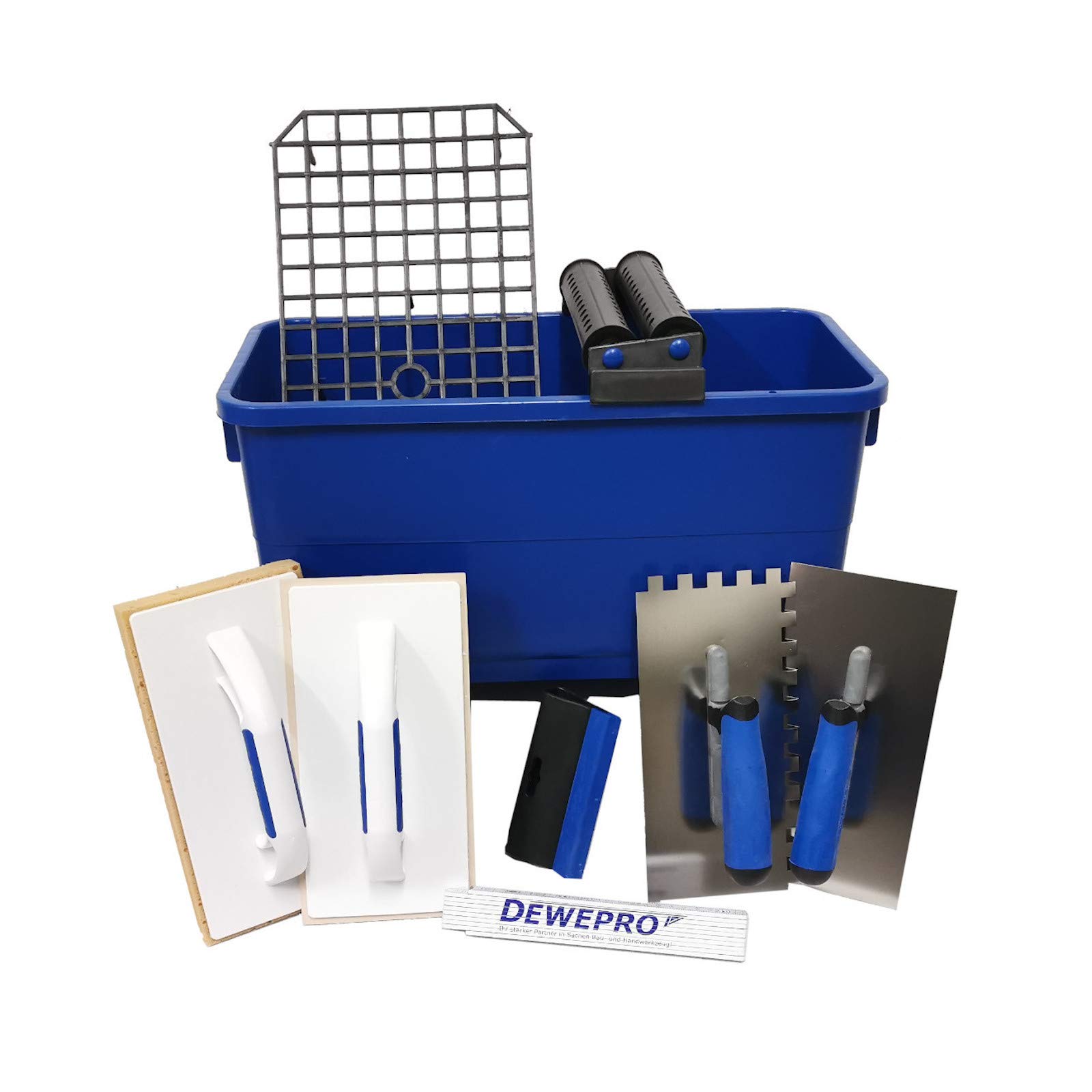 DEWEPRO® Set di lavaggio per piastrelle, 10 pezzi, M – 22 l, spugna – gomma per fughe, spatola dentata 10 x 10 mm