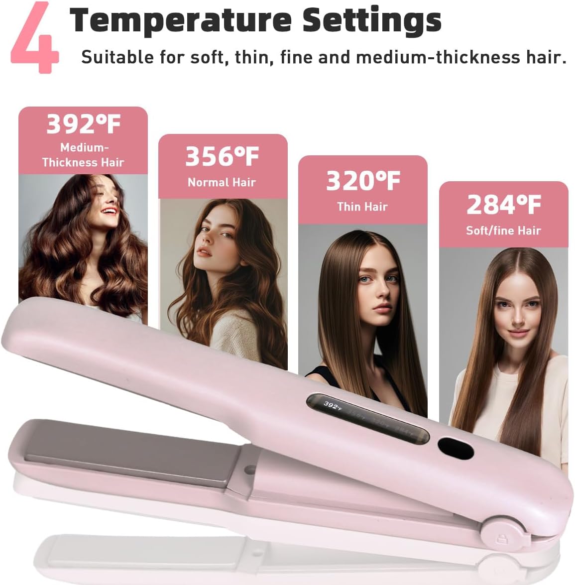 Cordless Hair Straightener, Mini Travel Flat Iron Rechargeable for Women, Portable Hair Straightener and Curler 2-in-1, Fast Heating, Adjustable Temp for On-The-Go Styling(Pink)