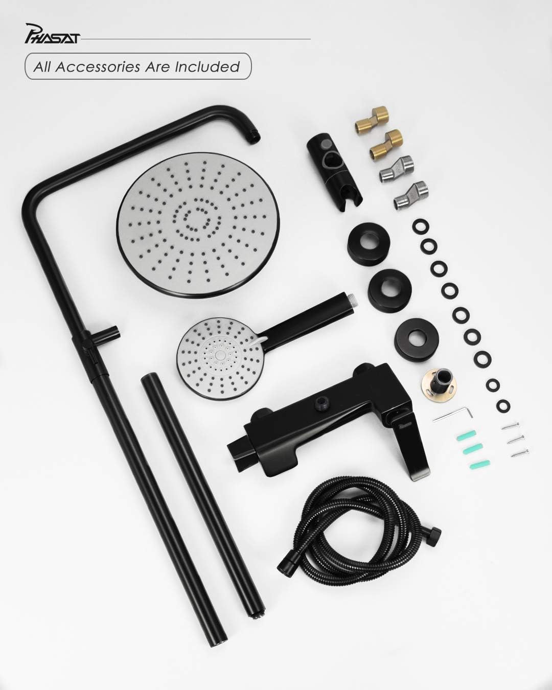 Lowest Price Outdoor Shower Fixtures Stainless Steel Brass Bathroom Faucet Set with Rainfall Showerhead,Handheld Shower,Wall Mount Adjustable Shower Bar 3 Function Matte Black,CT8727,PHASAT