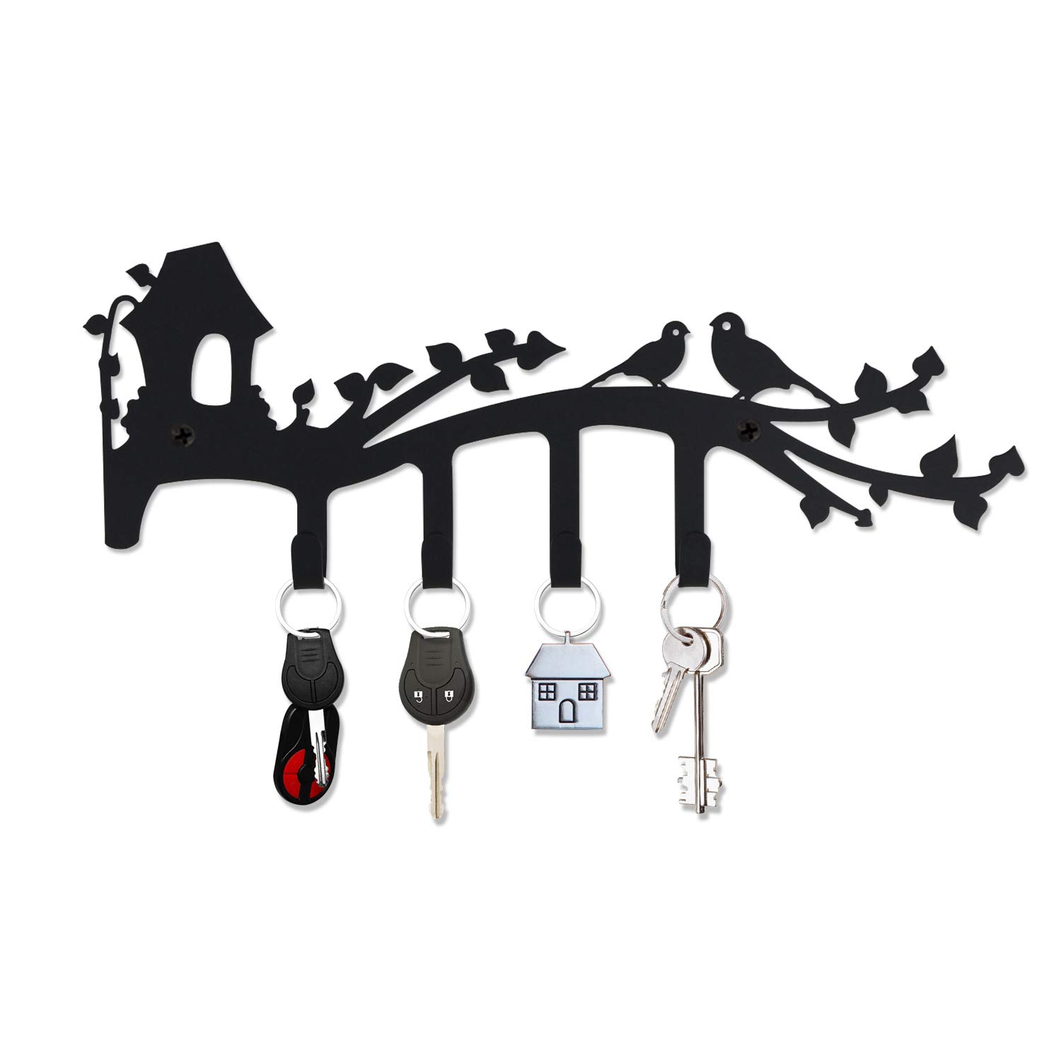Decorative Wall Mounted Iron Key Holder, 11 inch with 4 Key Hooks Organizer for car or house keys, Key Rack with Screws and Anchors (A Fine Spring Day)