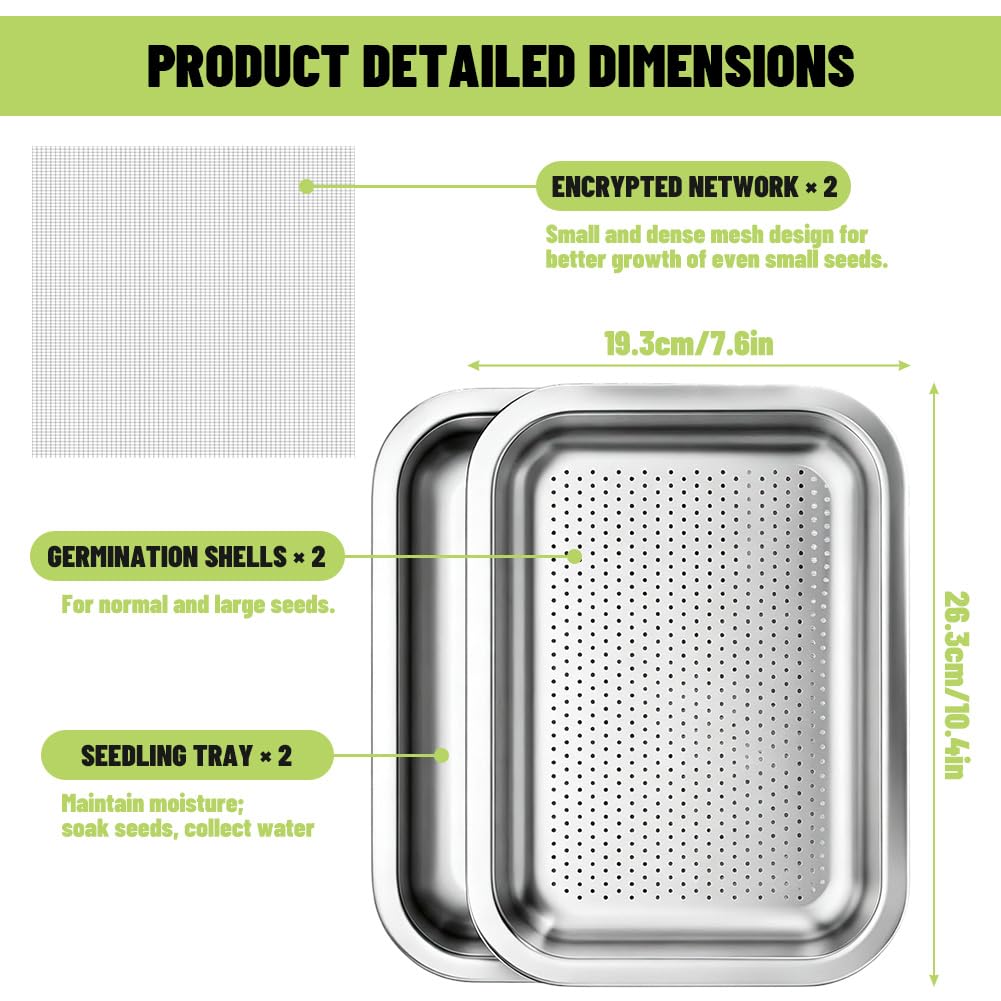 Lot de 2 Germoirs en Acier Inoxydable 26 x 19 cm, Plateau de Germination 2 en 1 pour Graines et Microgreens, Bac à Germes Réutilisable Passe au Lave-Vaisselle, Culture Facile à Domicile