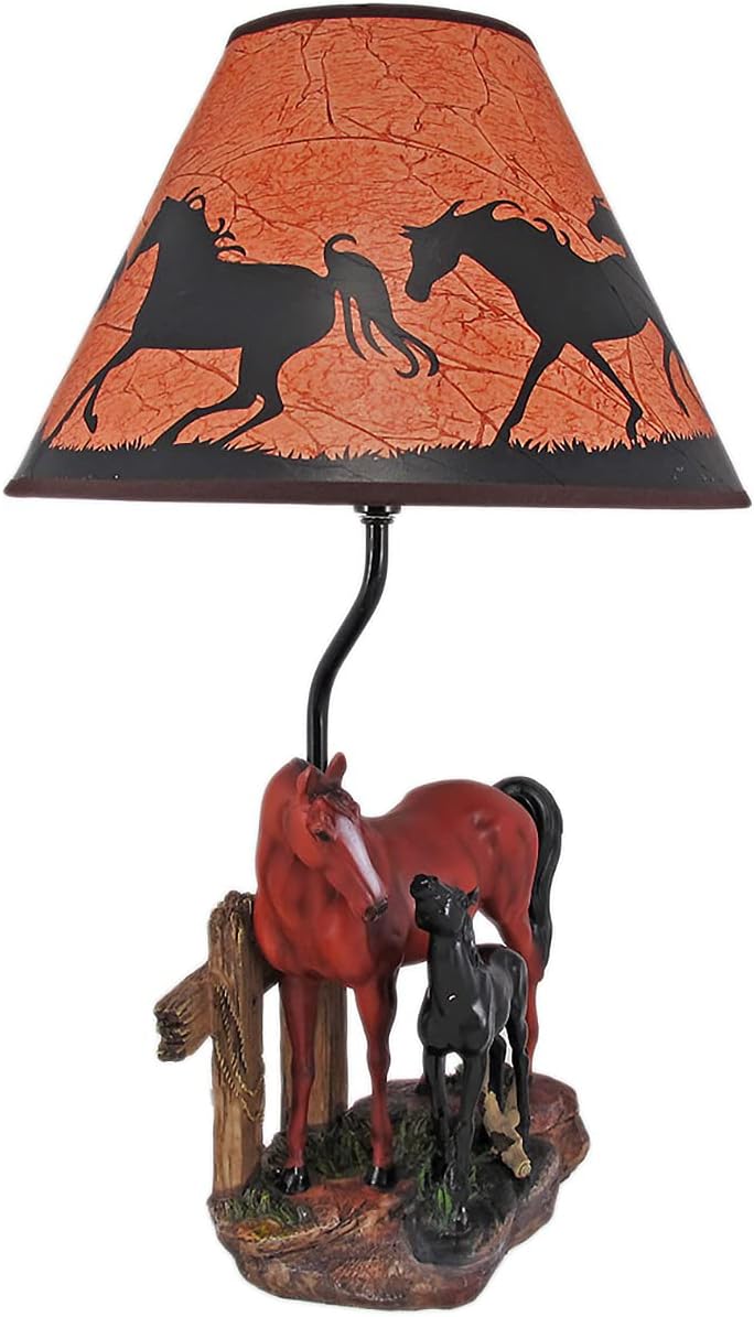 DWK Brown Mare and Foal Horse Hand Painted Table Lamp w/Shade