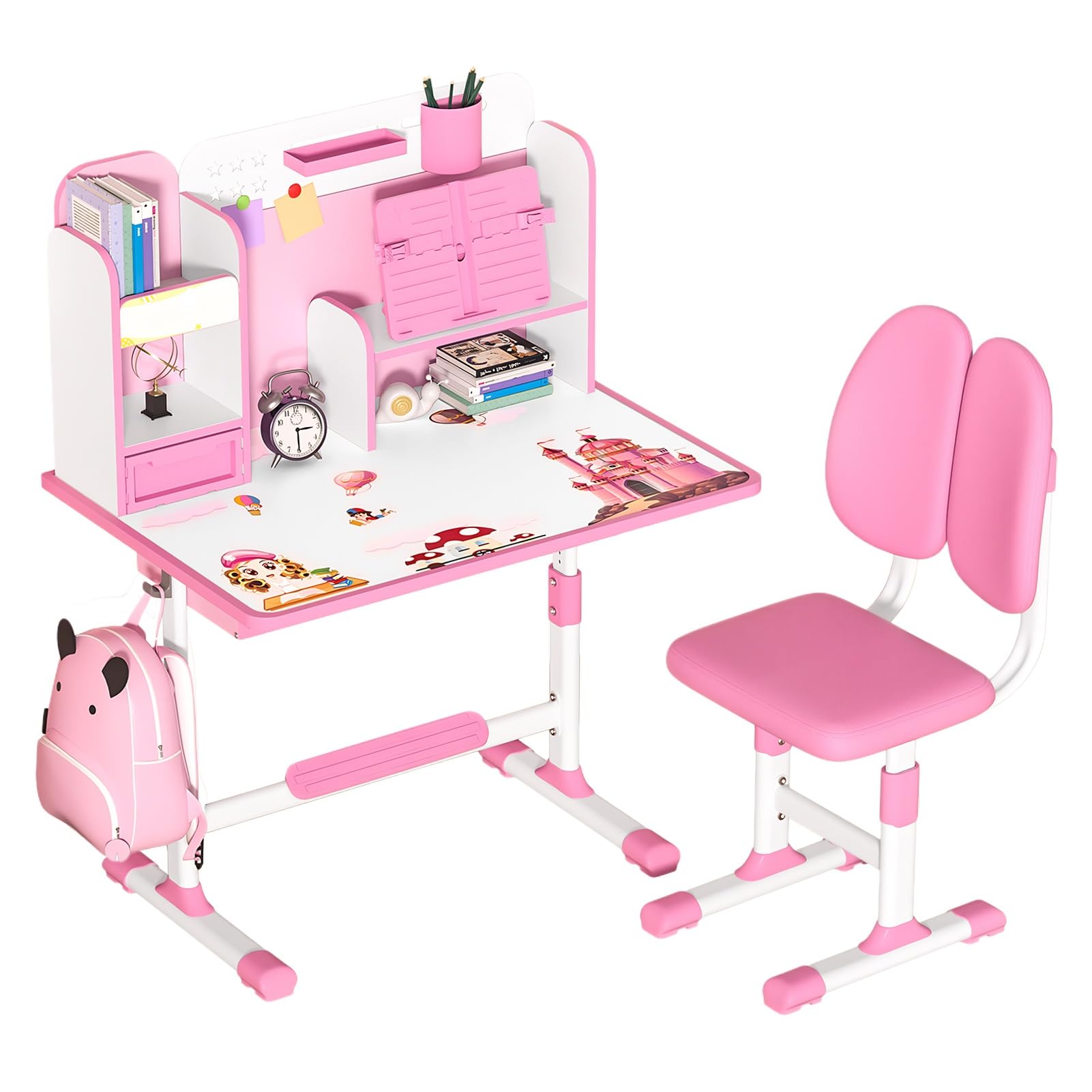 Hesitroad 2Pcs Desk and Chair Set for Kids,Height Adjustable Children's Table with Chair,Ergonomic Dual Back Support Chair and Study Desk with Storage Drawer,Bookshelf,Foot Pedal for Boys Girls Pink