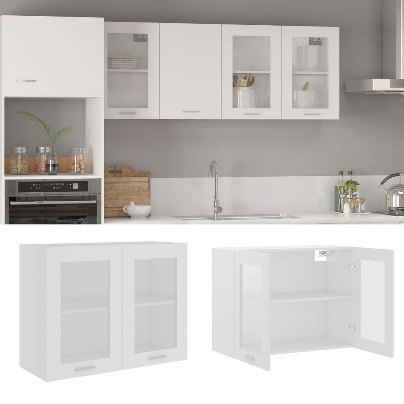 Armario Colgante, Vitrina Pared, Muebles Cocina y Baño, Multiusos, Cristal de Aglomerado Blanco 80x31x60 cm