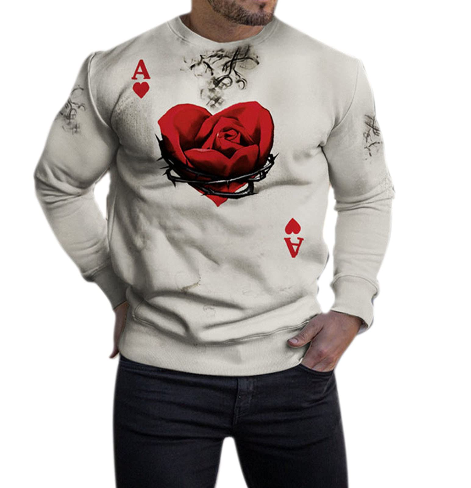 Keepmore Men's # 1 Long Sleeve Round Neck Sweatshirt Poker Rose Printed Retro Pullover Slim Fit Sweatshirt