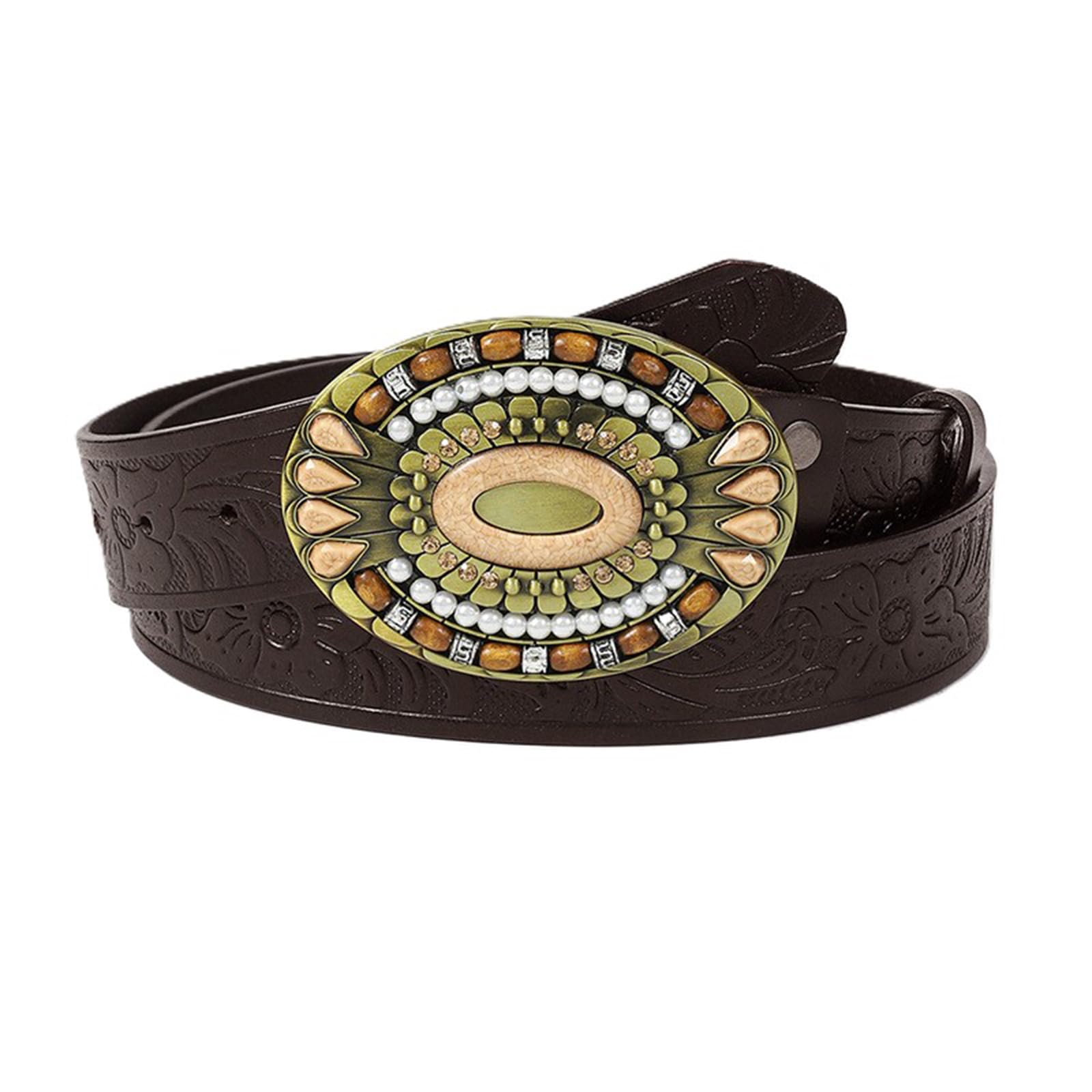 Western Cowboy Cowgirl Cintura a Scatto in Rilievo con Perlina Fibbia Ovale in Stile Country Cinturino in Pelle Inciso Motivo Floreale Bohémien(110cm/43, Coffee)