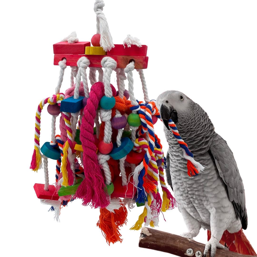 Zabawki do żucia ptaków – papuga naturalny drewniany blok i bawełniany węzeł rozrywający zabawki dla Conures Cockatiels African Grey i Amazon Paputs