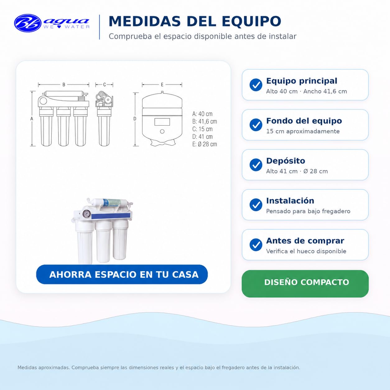 Bbagua EUR-50 – Equipo de Ósmosis Inversa 5 Etapas para Casa | Reduce Cal, Cloro y Sales | Agua Purificada de Baja Mineralización | Sistema Bajo Fregadero con Filtros y Membrana