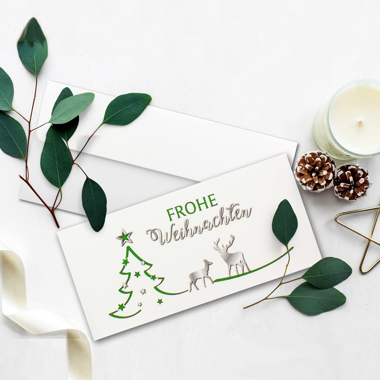 Juego de 200 tarjetas de Navidad DIN largo en color blanco con abeto verde y renos – Tarjetas plegables con sobres a juego DIN largo blanco con adhesivo – saludos de Navidad para empresas y privadas