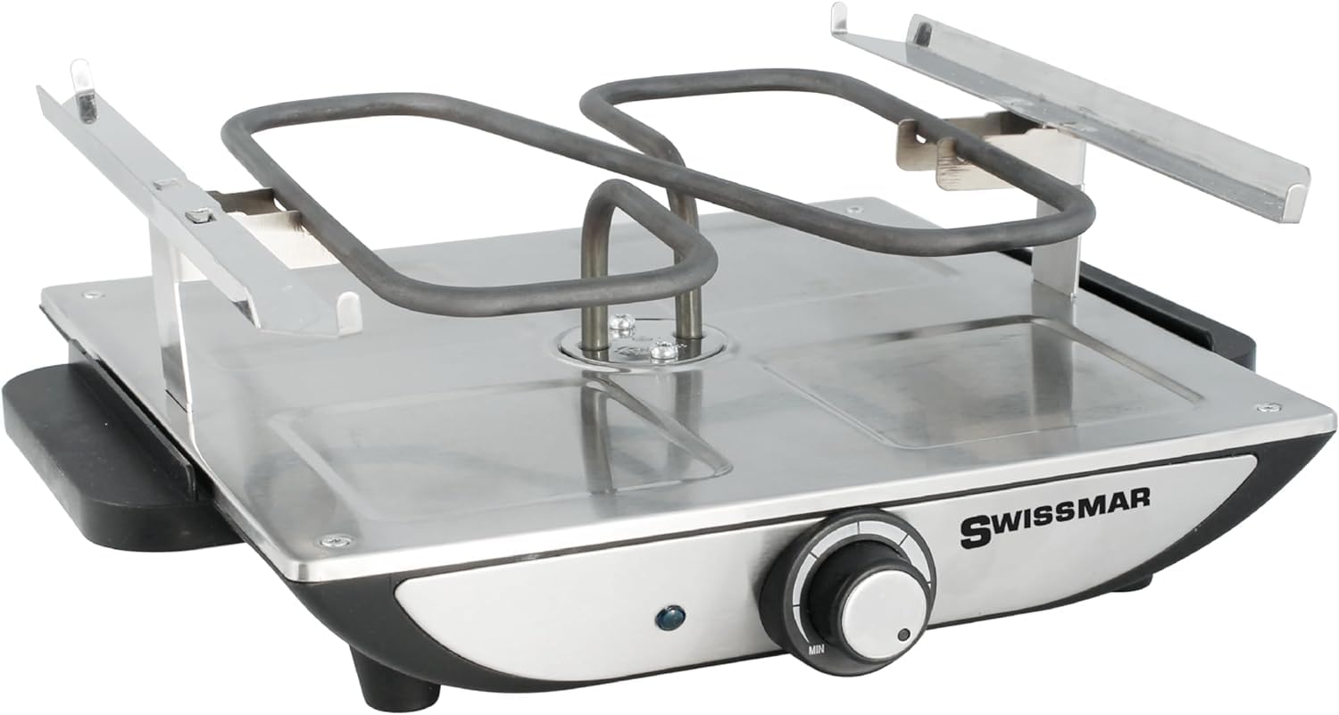 Swissmar Geneva Raclette grill do raclette dla 4 osób, z patelniami i suwakami, mini grill raclette z płytą grillową z powłoką zapobiegającą przywieraniu i 4 patelniami do raclette, 800 W