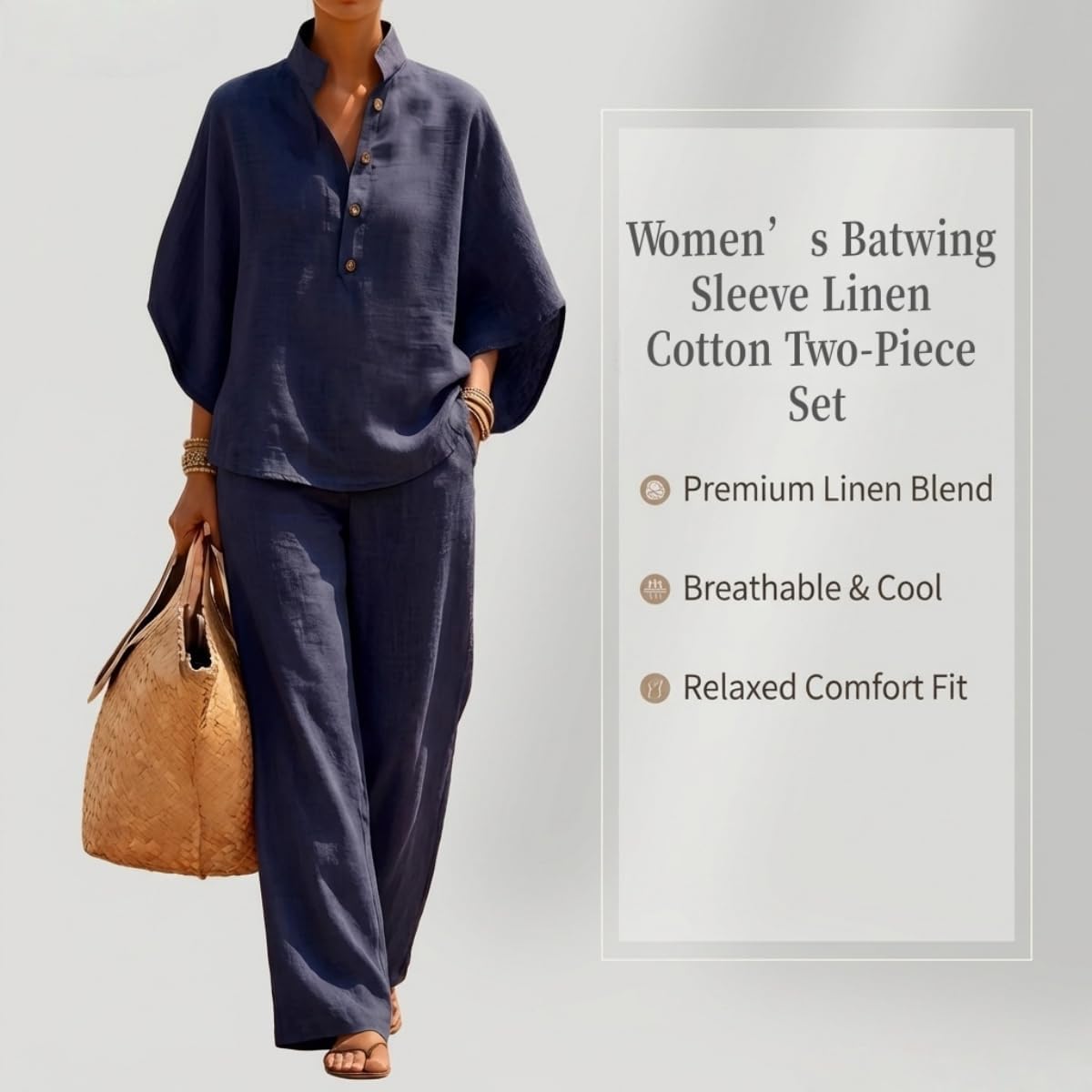 Women’s Batwing Sleeve Linen Cotton Two-Piece Set - New Casual Shirt & Wide Leg Pants Outfit Women Comfortable 2 Piece Set