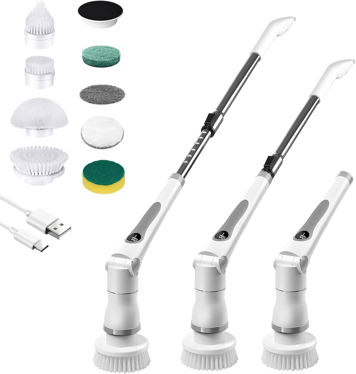 Joyzan Electric Spin Scrubber, Cordless Cleaning Shower Brush 8 Cleaner Heads LCD Display 3 Speeds Adjustable Extension Handle IPX7 Waterproof Bathroom Bathtub Glass Car Tub Tile Floor Wall Cleaning