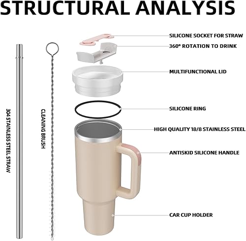 Miniatura 4 de MURRICON Vaso de 40 onzas con asa y popote, vaso reutilizable con tapa, aislamiento al vacío de acero inoxidable, para café y bebidas (cuarzo rosa)