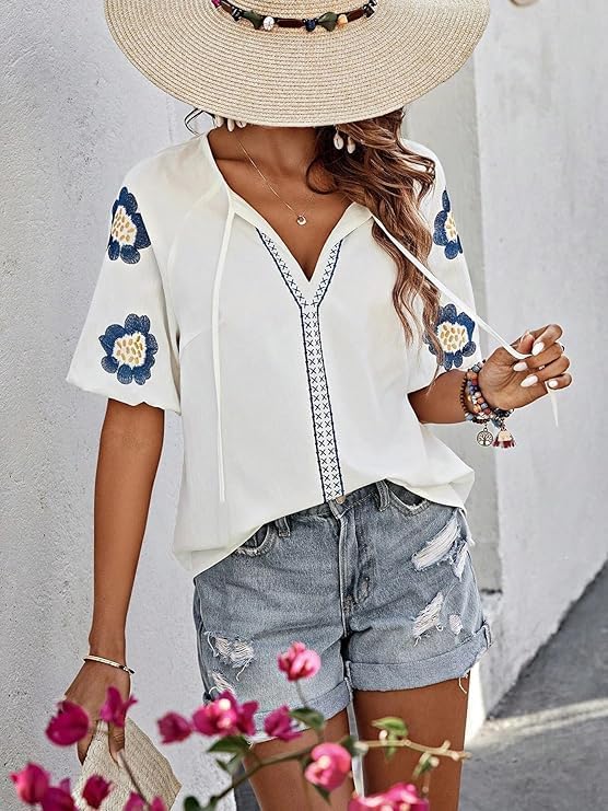 Mexican Embroidered Tops for Women Floral Short Sleeve Boho Tops Bow Tie V Neck Peasant Blouse Loose Summer Tops - Image 2