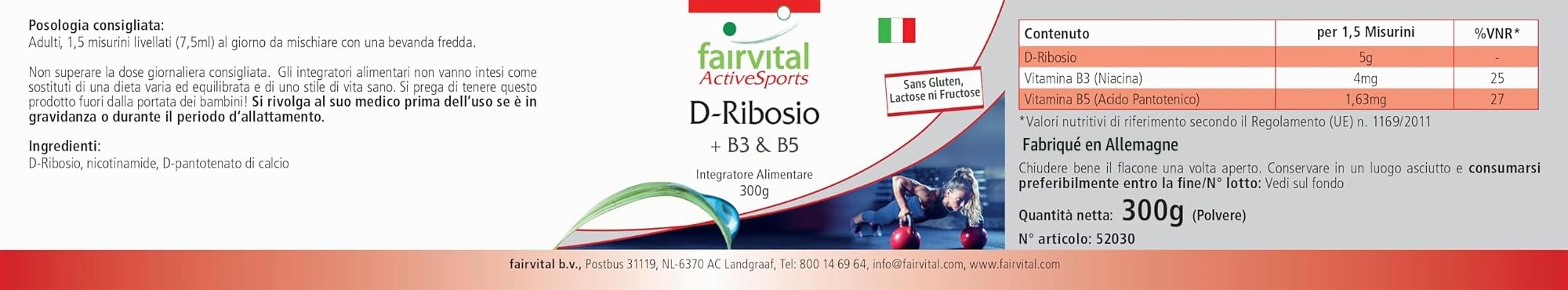 fairvital D-ribose en poudre, avec vitamine B3 (niacine) et B5 (acide pantothénique), Active Sports, VÉGÉTALIEN, 300 g