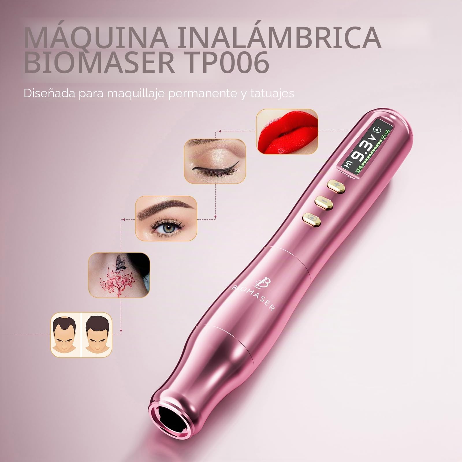 Biomaser TP006 2025 Máquina de Maquillaje Semipermanente Inalámbrica | con motor alemán de precisión, pantalla táctil LCD, ideal para cejas, labios y delineador de ojos, para profesionales (Rosa)