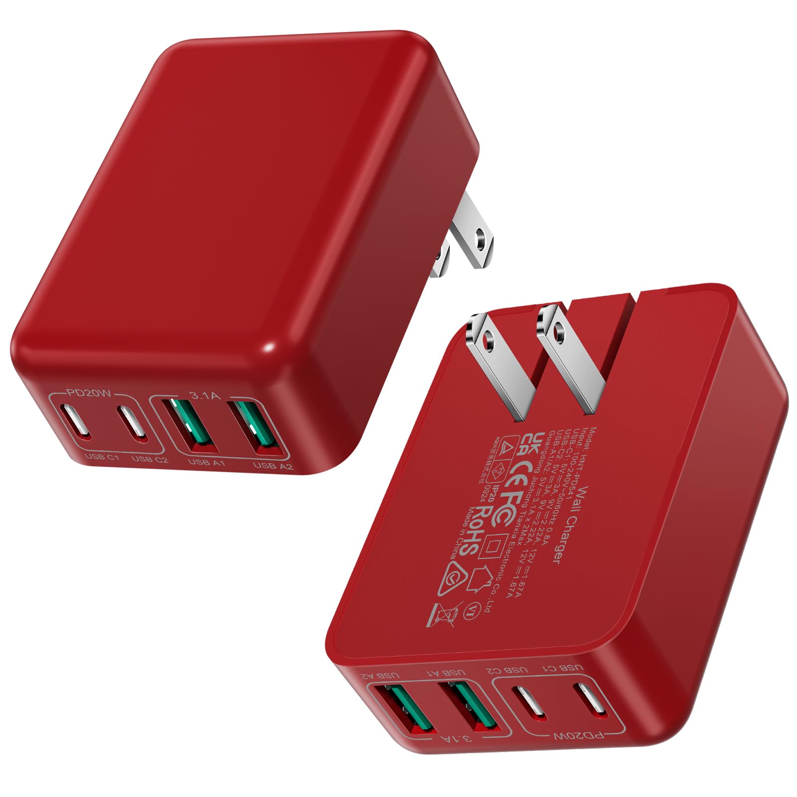 Flat USB C Wall Plug 2Pack 40W Foldable Slim Fast Charging Block 4Ports USB C Charger Block Cube Box Compatible with iPhone 16 Samsung, Pixel, Tablets