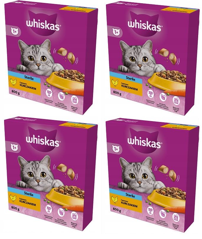 Whiskas Adult Sterile 1+ Trockenfutter mit Huhn im Karton, 4 x 800g (4 Packungen) - Katzentrockenfutter für Erwachsene sterilisierte BZW. kastrierte Katzen
