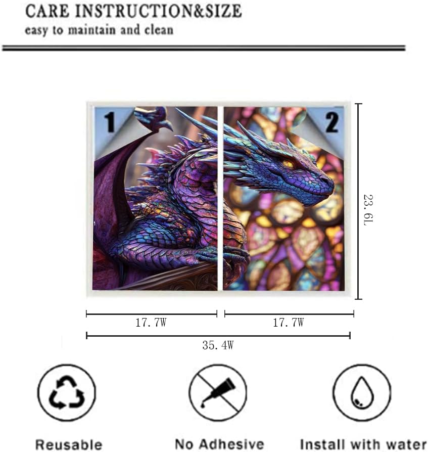 Watercolor Abstract Animal Dragon Stained Glass Window Privacy Film Watercolor Fantasy Anime Cartoon Magic Wildlife Dragon Opaque Window Sticker for Home Bathrooms 2 Panels 17.7" W x 23.6" L