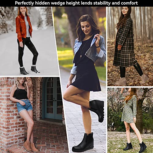 Athlefit Women's Wedge Ankle Boots Comfort Slip-On Waterproof Leather Platform Khaki Booties Size 8 #TOP5