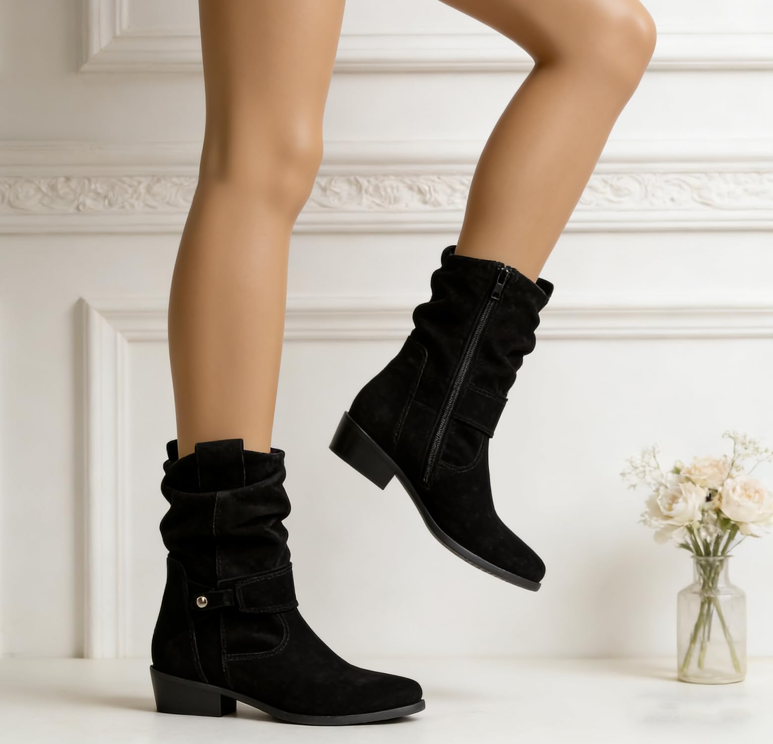 Stivaletti da Donna Stivaletti in Pelle Scamosciata con Zip Pieghe Stivali Invernali Stivaletti Bassi Stivaletti Retrò Eleganti con Zip Stivaletti Tinta Unita Scarpe