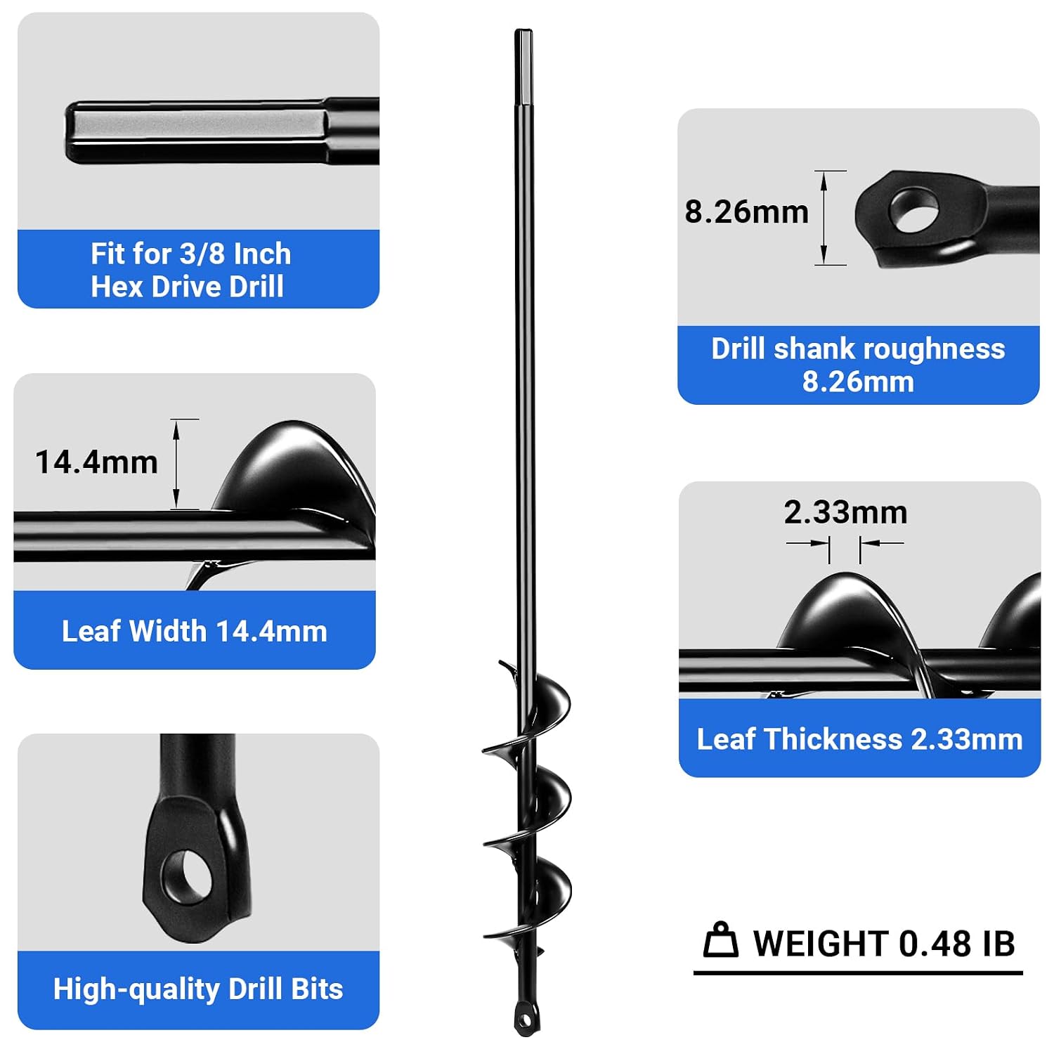 DEKOPRO Garden 2 Pack Auger Drill Bit Set for Planting 3.6"x16"and 1.6"x16.5"Auger Drill Bit Plant Flower Bulb Auger Spiral Hole Drills- Fits 3/8 Hex Drive Drills