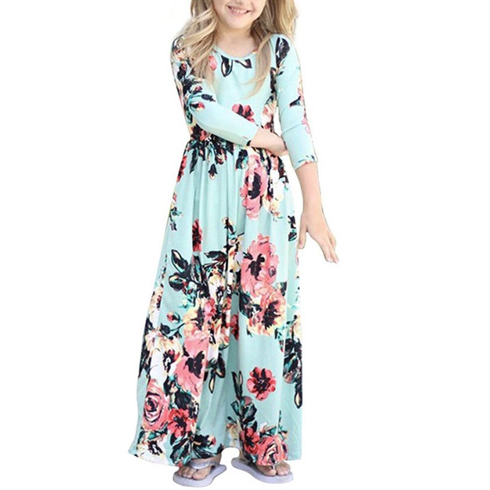 QIJOVO Girl Floral Maxi Dress with Pockets Sleeves Long Holiday Dress