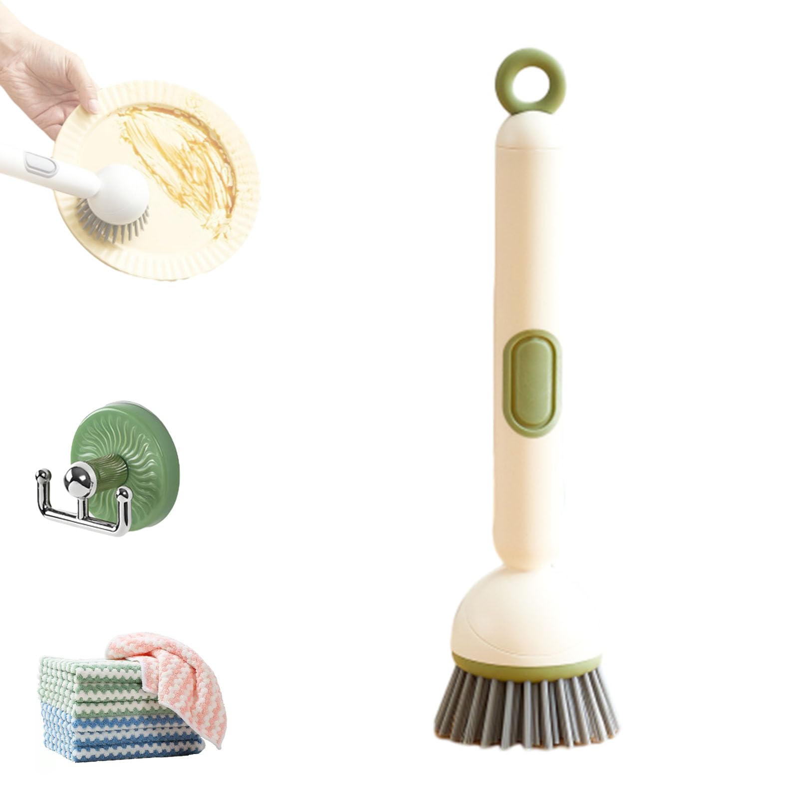 6-in-1 Rotatable Dish Brush with Detergent Dispenser, 360° Dish Scrub Brush with Soap Dispenser, Adjustable Angle, PET Bristles for Efficient Cleaning Pots, Pans, Tableware, Cookware (Green)