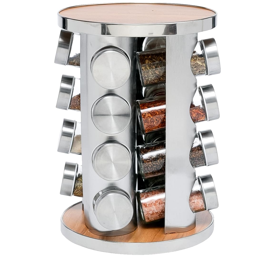 Rotating Spice Rack with 16 Glass Jars Stainless Steel & Wood Carousel Organizer for Kitchen Counter, Pantry, Herbs & Seasonings
