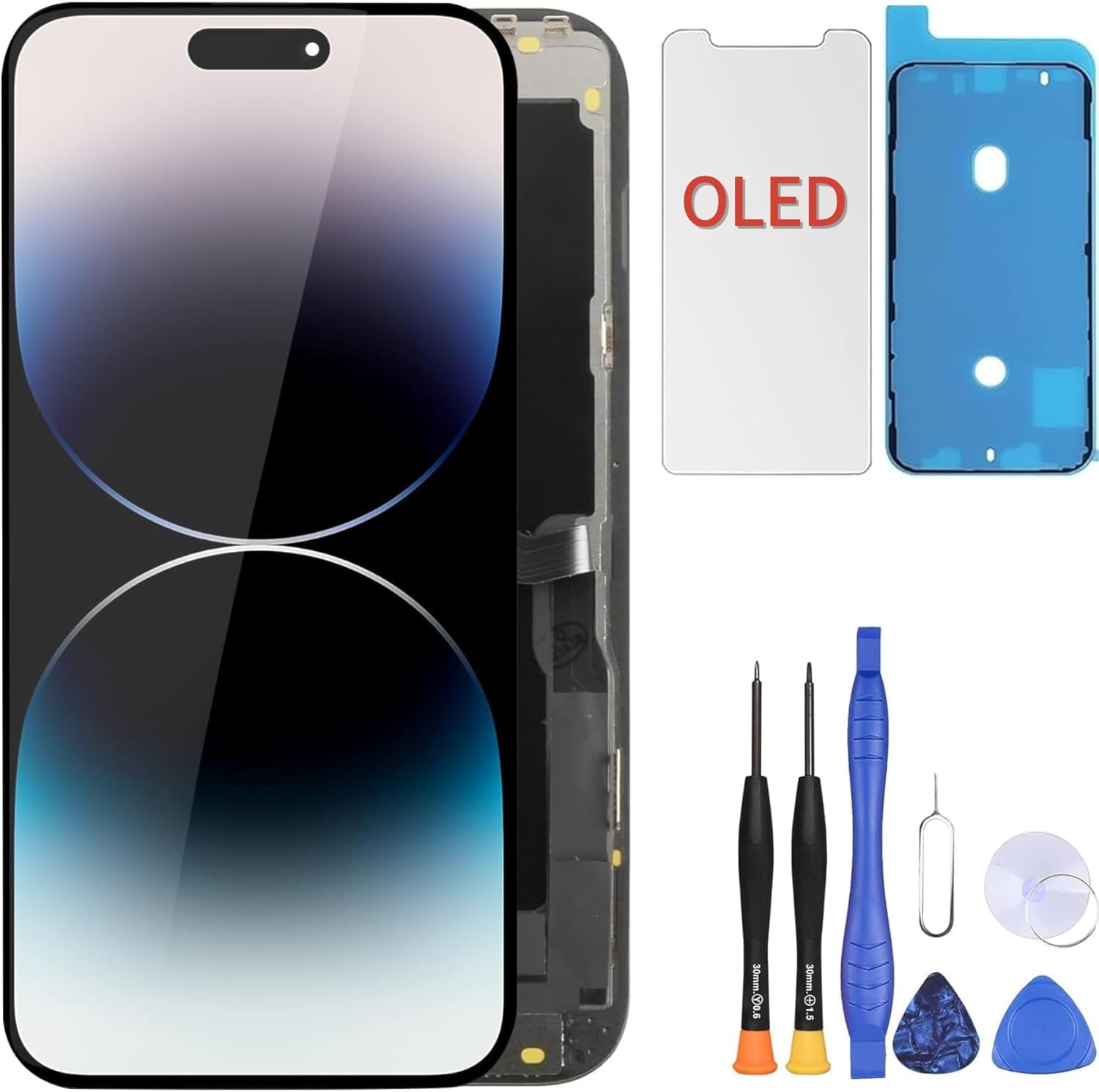 ZOETEC Bildschirm-Ersatz für iPhone 14 Pro (kein LCD) 15,4 cm (6,1 Zoll) Full-HD-Display, COF-Touchscreen, Digitalisierer, Rahmenmontage mit Reparaturwerkzeug-Kits, wasserdichter Klebstoff, gehärtetes