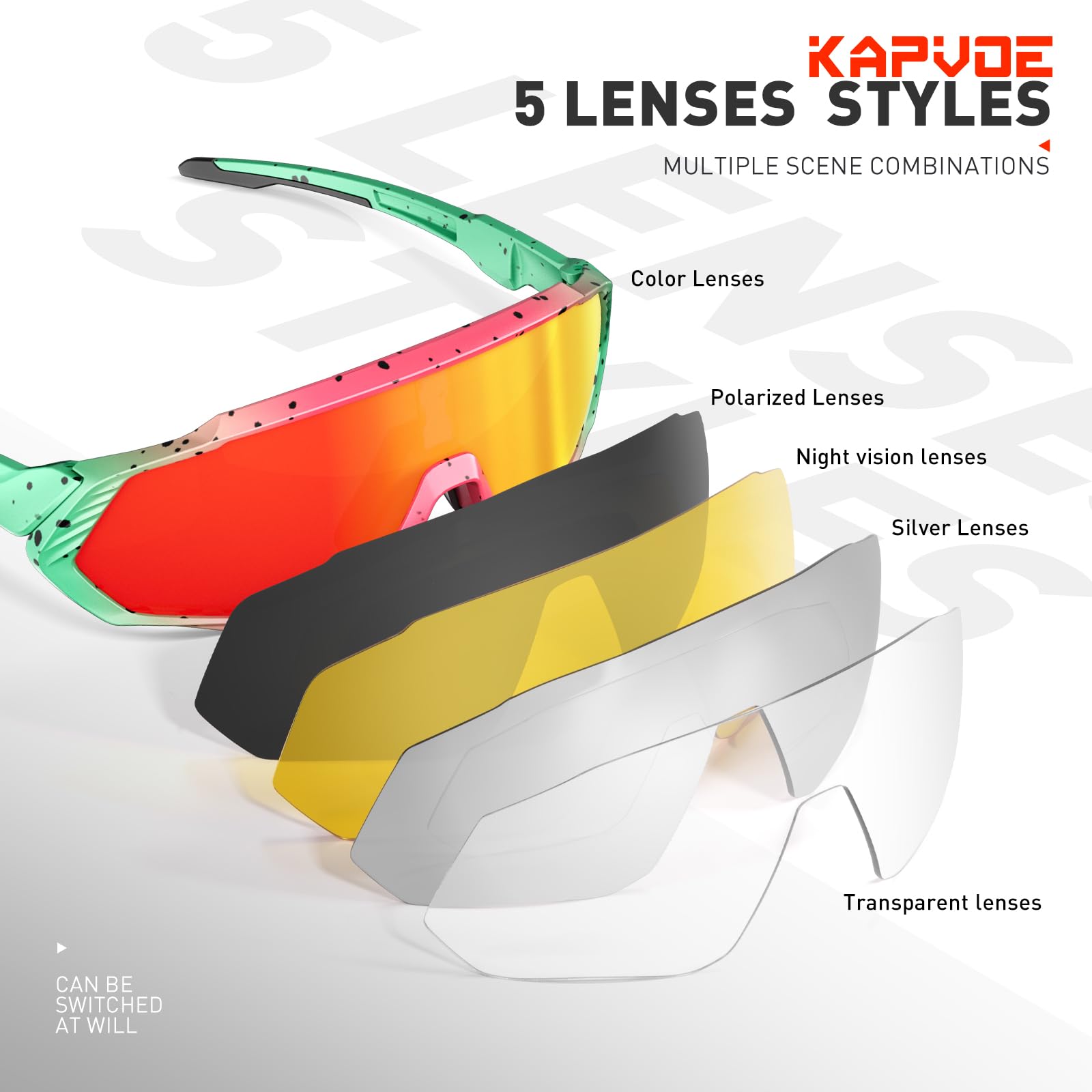 KAPVOE Gafas de Ciclismo Polarizadas con 1 Lente O 5 Lentes Intercambiables TR90 Gafas de Sol Deportivas Mujeres Hombres K9408