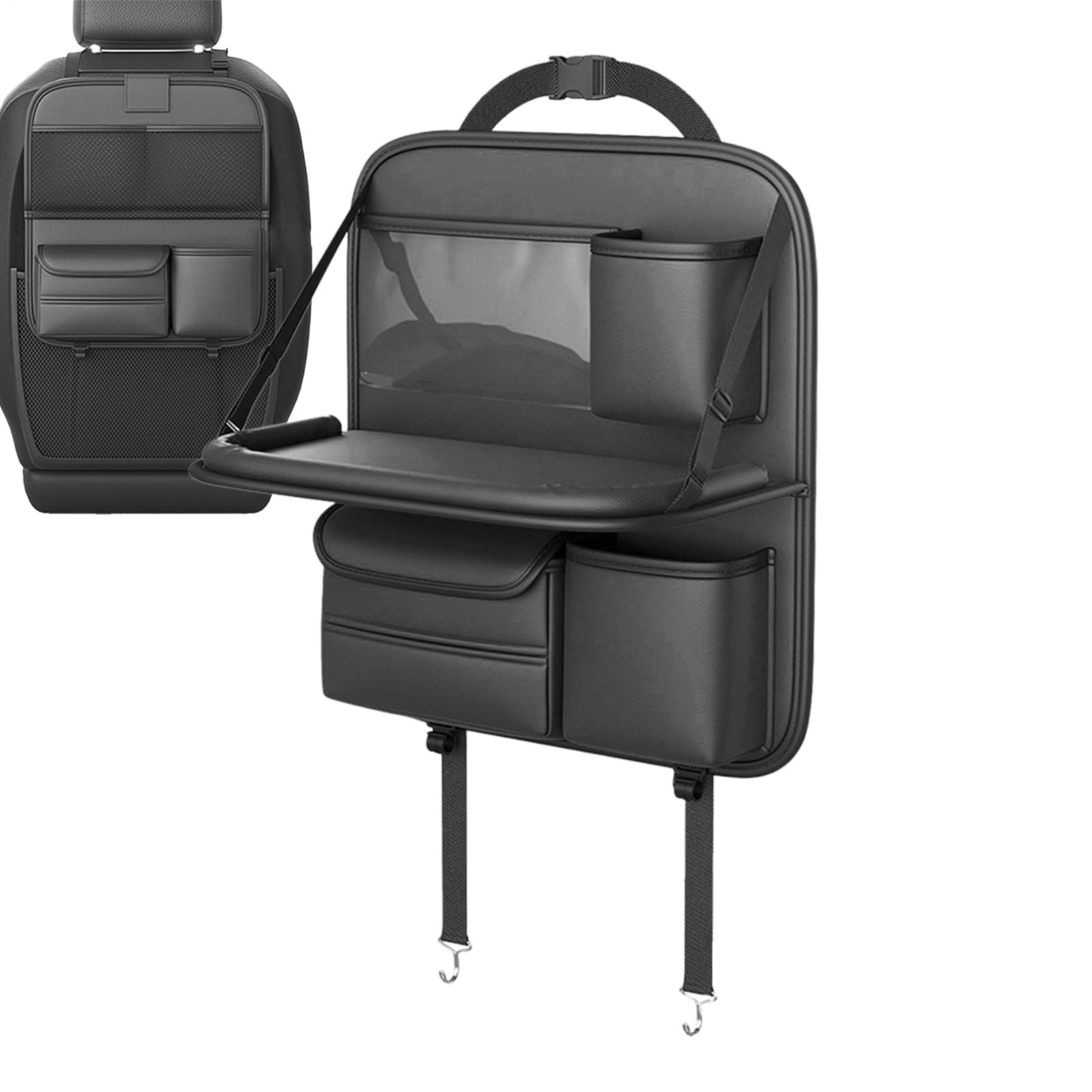 Organizer per schienale sedile auto – vassoio pieghevole, tasca posteriore | supporto da viaggio multifunzione, borsa in pelle sintetica nera, scatola per fazzoletti integrato, regulab