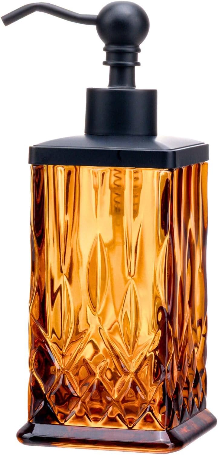 10Oz Amber Glass Soap Dispenser with Matte Black Pump,Lead-Free Thick-Cut Glass,Countertop Soap Dispensers for Bathroom & Kitchen,Square