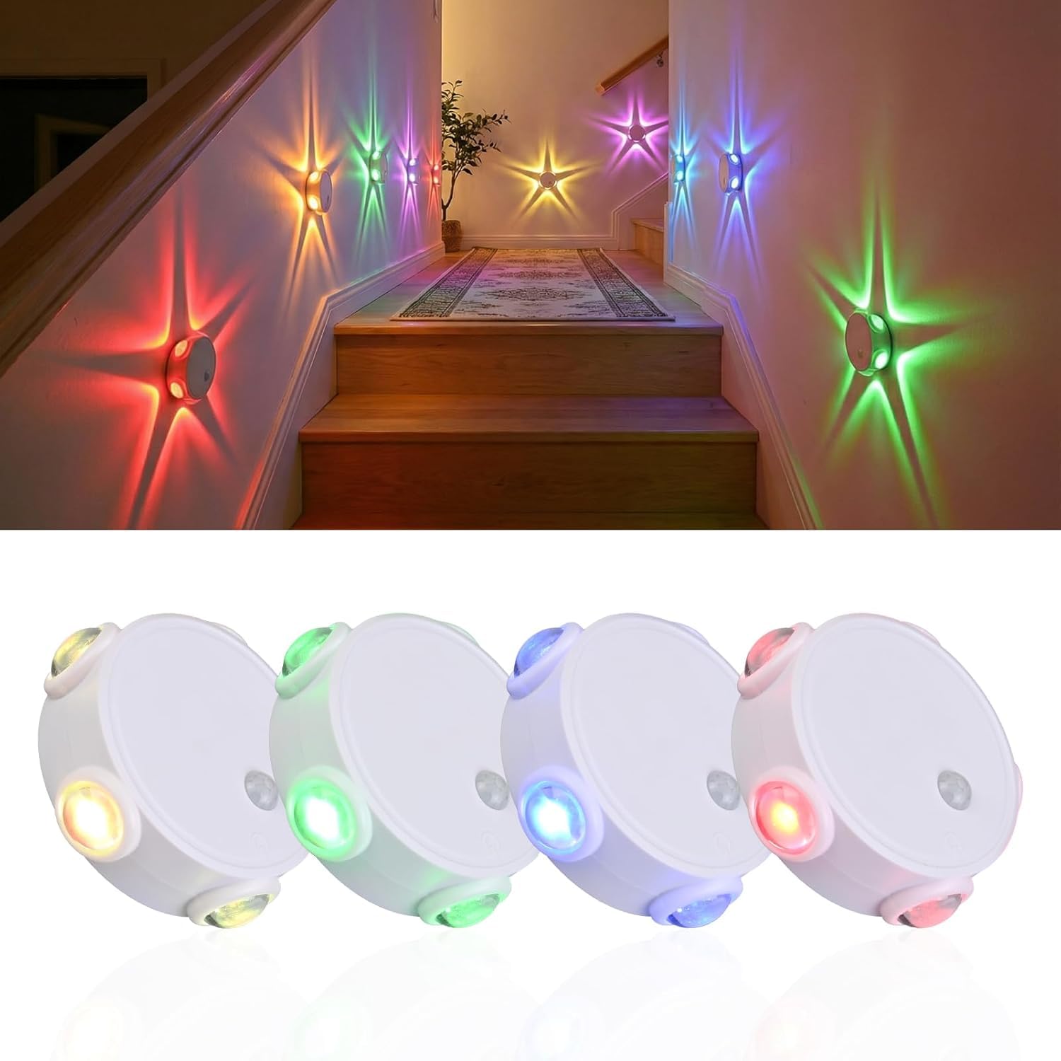 OOWOKS 4 luci notturne a LED ricaricabili tramite USB con sensore di movimento per illuminazione interna delle scale senza allacciamento elettrico 2700K bianco caldo+cambio colore RGB con 3 modalità