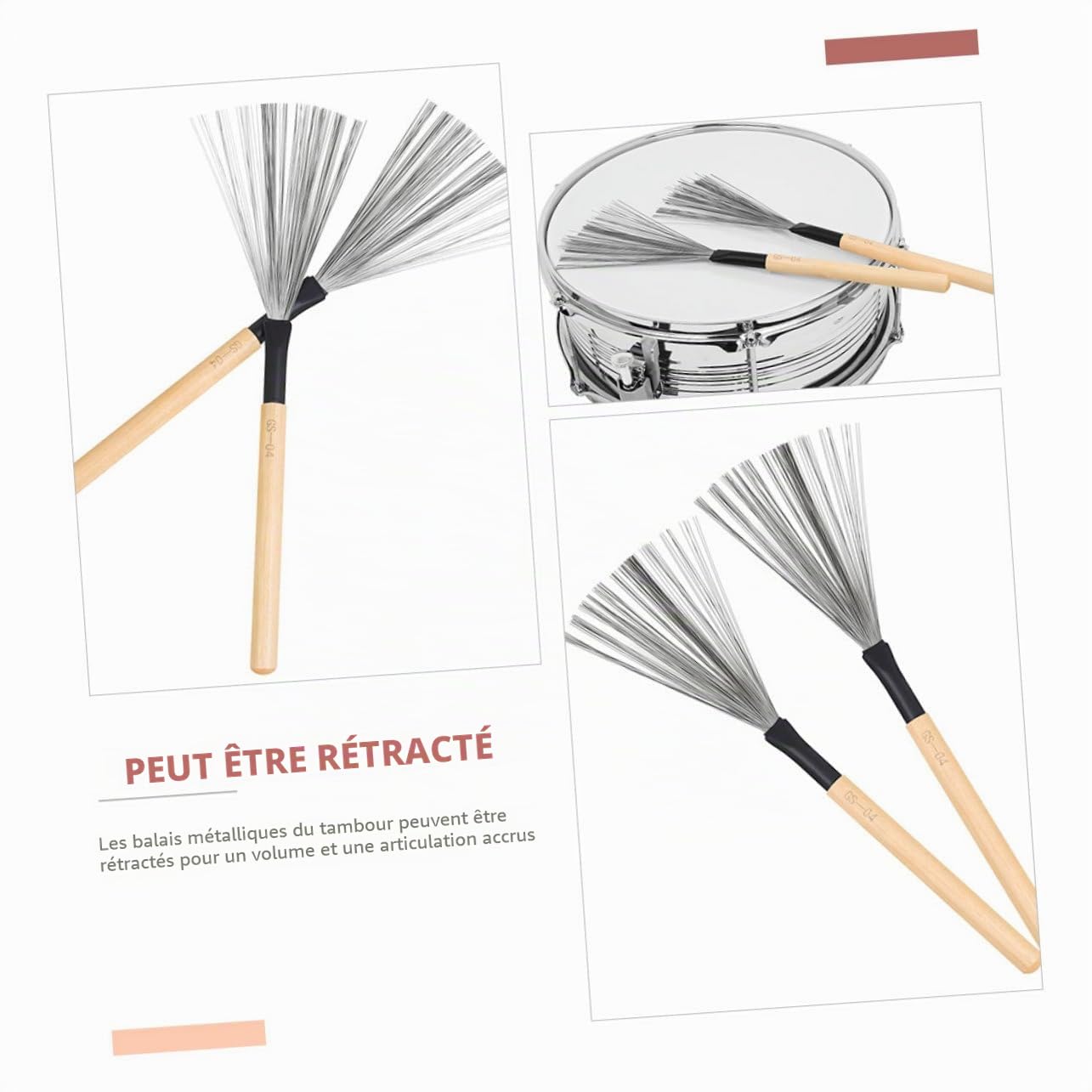 Brosse À Tambour En Fil D'Acier Avec Poignée En Bois 12.80 Pouces Balais Pour Batterie Jazz Accessoires De Percussions Pour Batteurs Débutants Et Professionnels